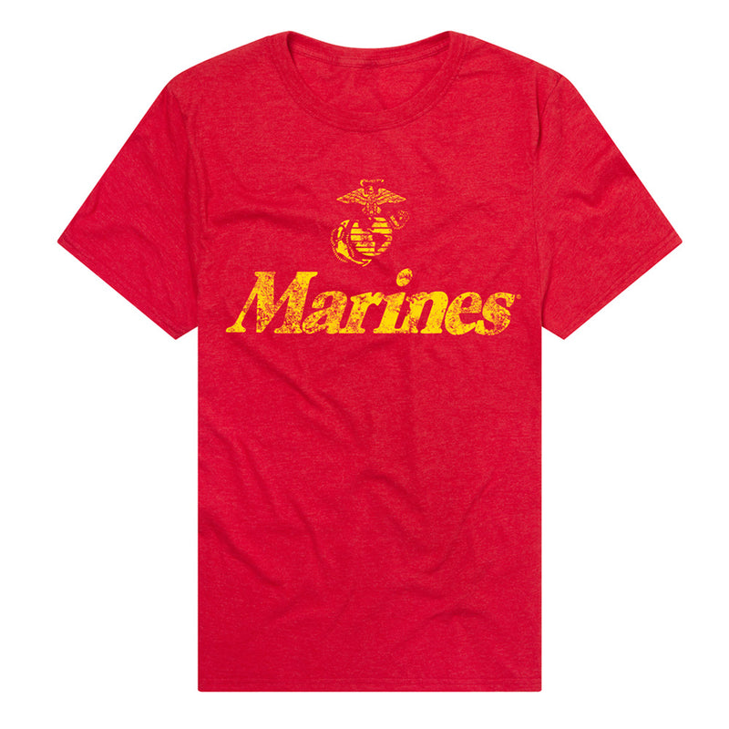 Red t-shirt featuring a distressed yellow Marine Corps emblem with the text 'Marines' in yellow below it.