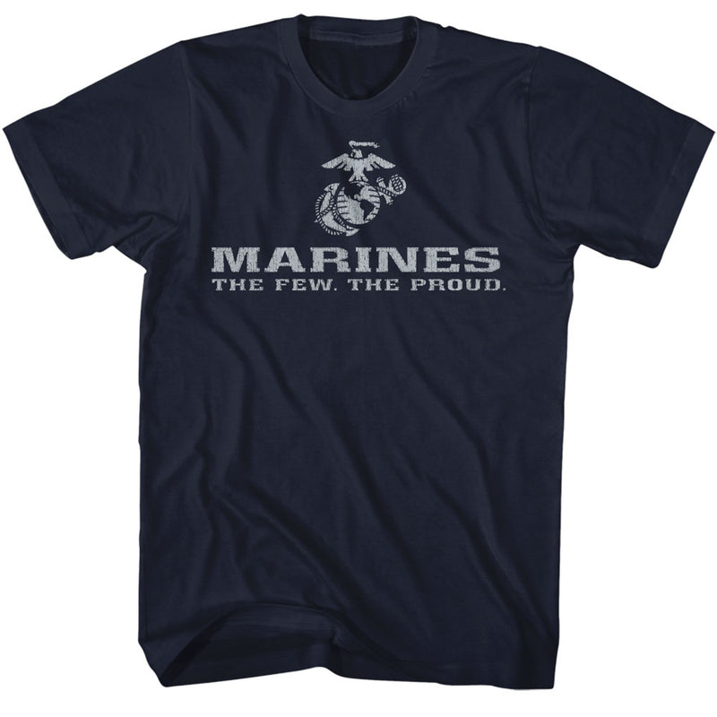 Navy short-sleeved t-shirt featuring the Marine Corps eagle, globe, and anchor emblem with the text 'MARINES' in gray above it.