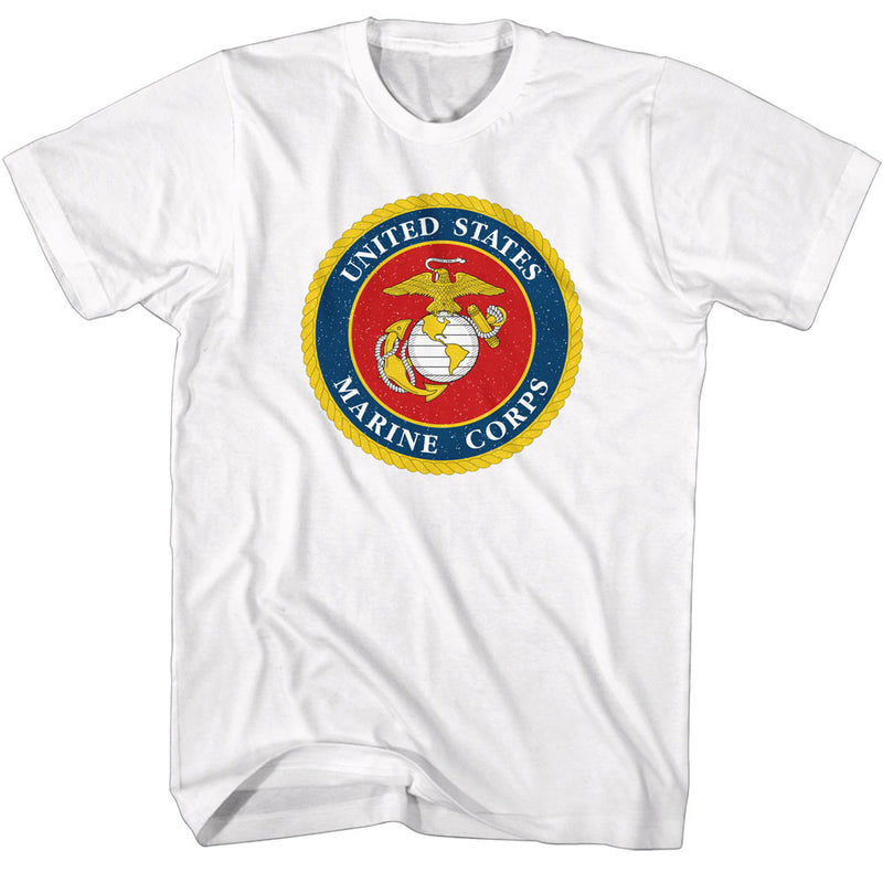 White short-sleeved t-shirt featuring the United States Marine Corps seal with the text 'UNITED STATES MARINE CORPS' in white around a blue ring.