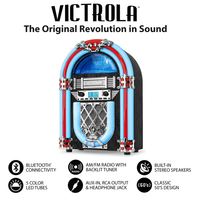 Feature callouts for the Victrola jukebox speaker with the headline 'The Original Revolution in Sound' listing Bluetooth, AM/FM radio, stereo speakers, 5 color LED tubes, aux-in, and a 50's design.