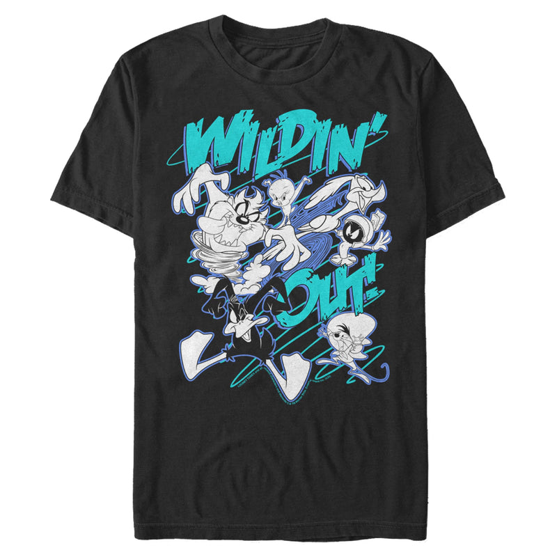Black short-sleeved t-shirt featuring Taz, Tweety, Marvin the Martian, and Daffy Duck with the text 'WILDIN' OUT' in teal.