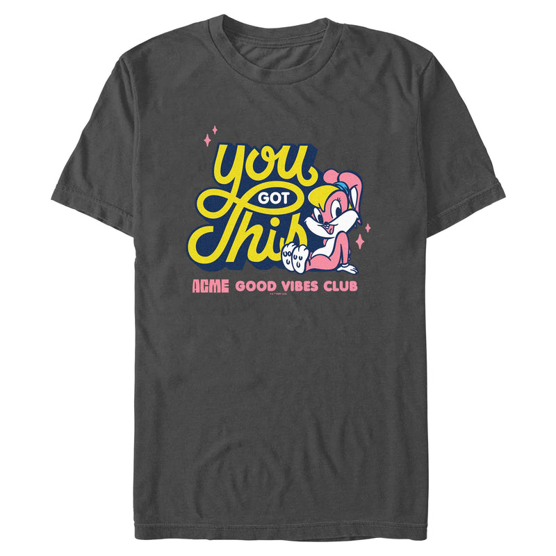 Charcoal short-sleeved t-shirt featuring Lola Bunny with the text 'You Got This' in yellow above 'Acme Good Vibes Club' in pink.