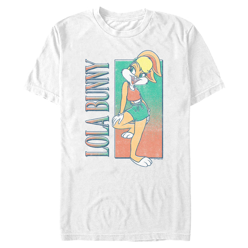 White short-sleeved t-shirt featuring Lola Bunny against a teal and orange box with the text 'LOLA BUNNY' in multicolor down the left side.