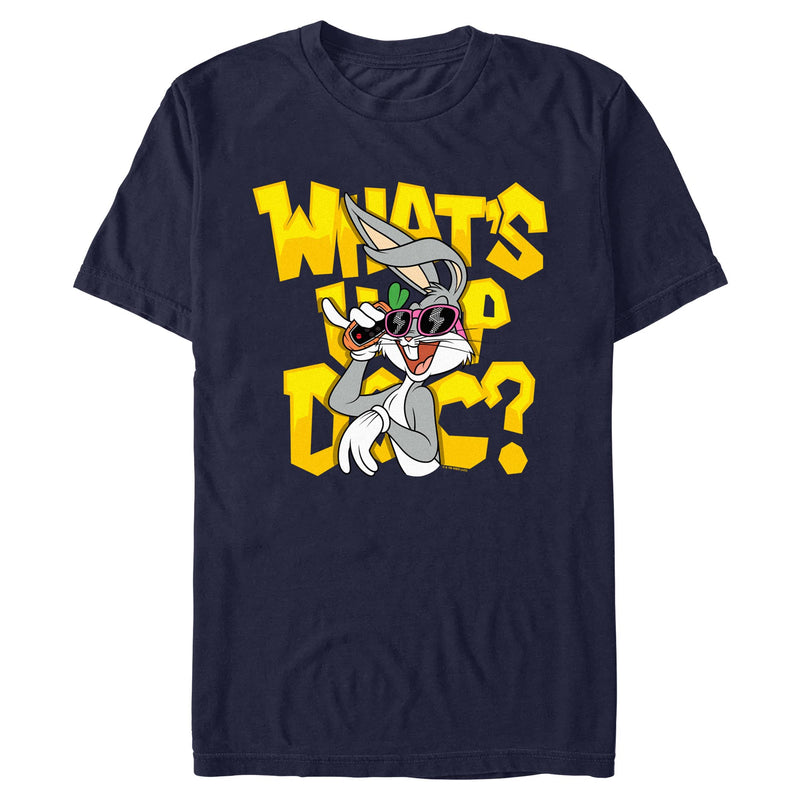 Navy short-sleeved t-shirt featuring Bugs Bunny in pink sunglasses with the text 'WHAT'S UP DOC?' in yellow behind him.