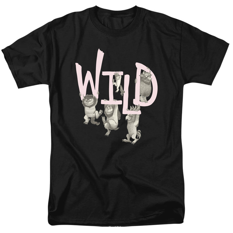 Black short-sleeved t-shirt featuring illustrated Wild Things from Where the Wild Things Are perched on large pink letters spelling 'WILD'.