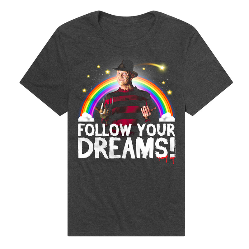 Dark gray t-shirt featuring Freddy Krueger in a fedora and red and black striped sweater under a rainbow with the text 'FOLLOW YOUR DREAMS!' in white below it.