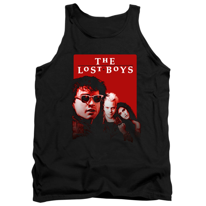Black tank top featuring a red-toned photo of three people from The Lost Boys with the text 'THE LOST BOYS' in white above them.