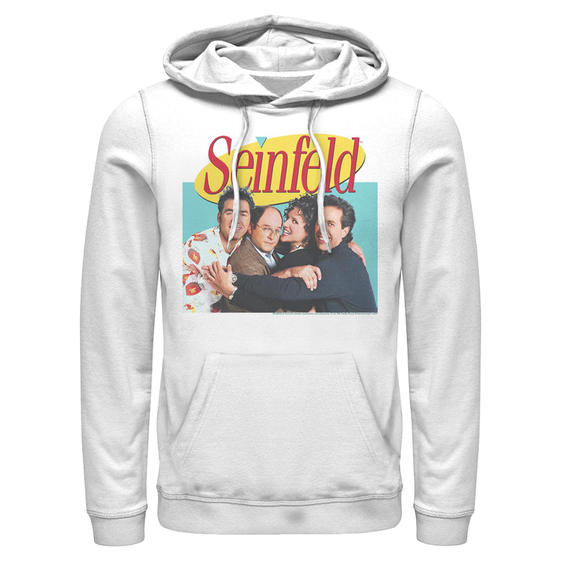 White hoodie featuring a group photo of four people hugging with the text 'Seinfeld' in red above them.