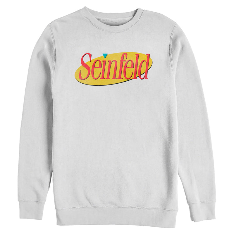 White long-sleeved crewneck sweatshirt featuring the Seinfeld logo with the text 'Seinfeld' in red over a yellow oval.
