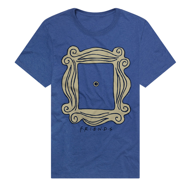 Royal blue t-shirt featuring an ornate gold picture frame graphic with a peephole in the center and the text 'FRIENDS' in black below it.