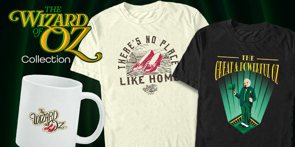 A promotional banner for 'The Wizard of Oz Collection' showing multiple t-shirts, mugs, and a t-shirt graphic in various colors and designs, set against a dark green background with gold lettering.