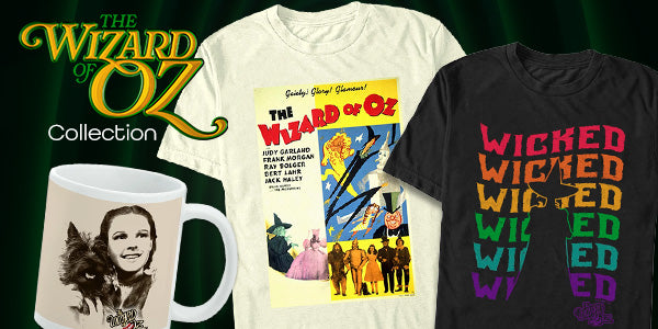 A promotional banner for 'The Wizard of Oz Collection' showing multiple t-shirts, mugs, and a t-shirt graphic in various colors and designs, set against a dark green background with gold lettering.