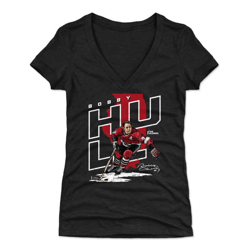 Black women's v-neck t-shirt featuring Bobby Hull with a large red map silhouette and the text 'BOBBY HULL' in white outlined letters.
