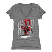Heather gray women's v-neck t-shirt featuring Bobby Hull with a large red map silhouette and the text 'BOBBY HULL' in white outlined letters.