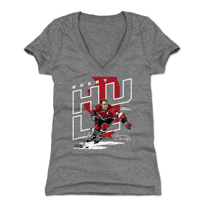 Heather gray women's v-neck t-shirt featuring Bobby Hull with a large red map silhouette and the text 'BOBBY HULL' in white outlined letters.