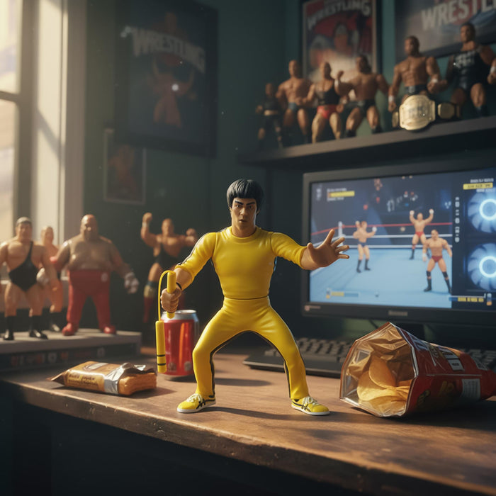 Bruce Lee Heels and Faces Retro Action Figure | Yellow Tracksuit