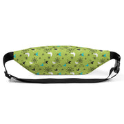 Green fanny pack with a black, white, and turquoise atomic pattern of atoms, starbursts, and boomerangs, black strap and buckle