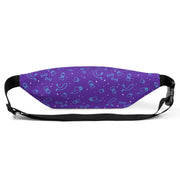 Purple fanny pack with a black strap and buckle featuring a repeating pattern of blue outline fitness icons including dumbbells, water bottles, jump ropes, and yoga mats with white sparkles.