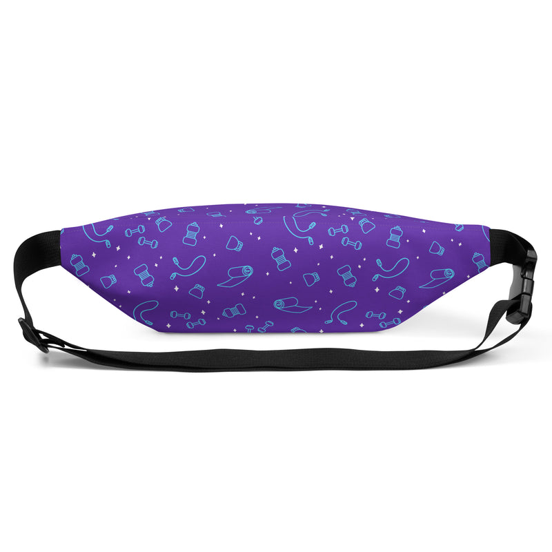 Purple fanny pack with a black strap and buckle featuring a repeating pattern of blue outline fitness icons including dumbbells, water bottles, jump ropes, and yoga mats with white sparkles.