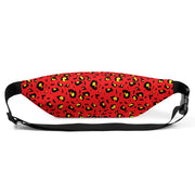 Red fanny pack with a black and yellow cheetah print pattern and a black adjustable waist strap with a side-release buckle.