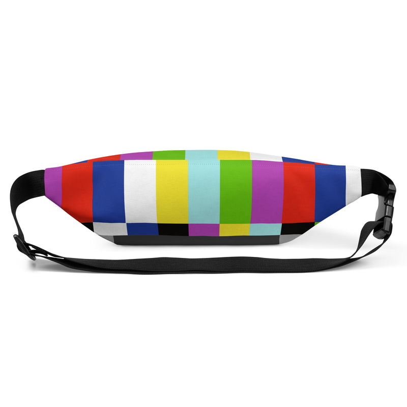 Bottom view of a fanny pack with a TV test pattern of color bars