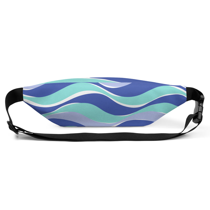 Bottom view of multicolor fanny pack with wavy stripes of blue, with a black zipper and black adjustable strap.