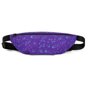 Purple fanny pack featuring a repeating pattern of blue outlined fitness icons including dumbbells, jump ropes, and yoga mats.