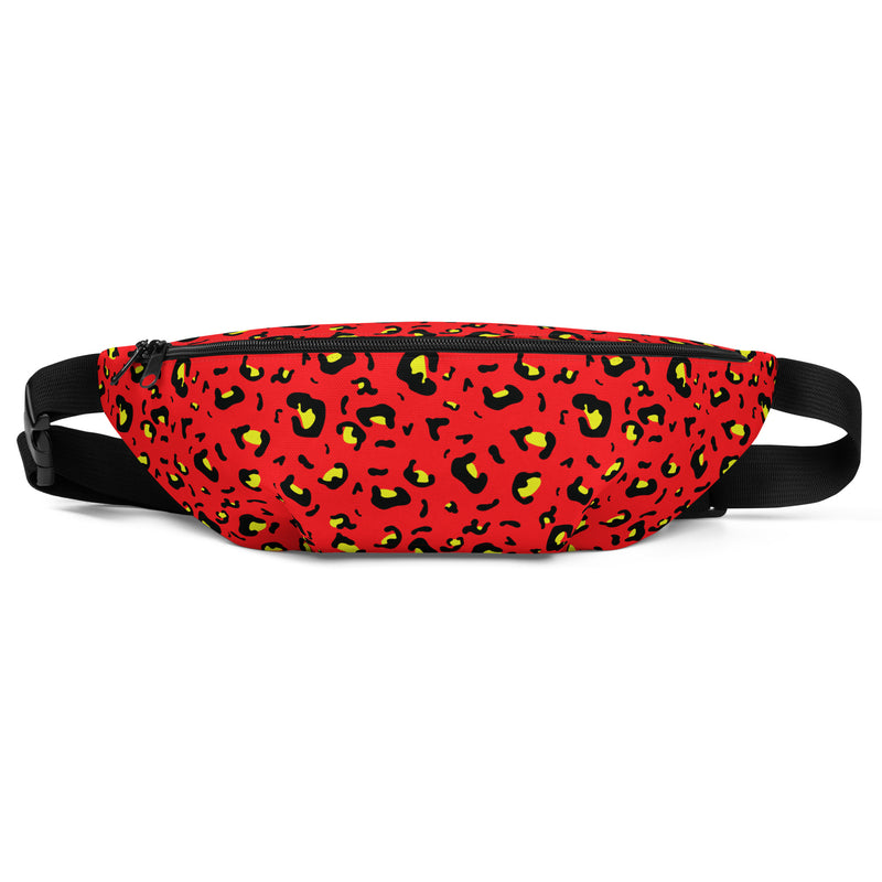 Red fanny pack with a black and yellow cheetah spot print, black zipper along the top, and an adjustable black strap.