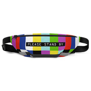 Front view of a fanny pack with a TV test pattern of color bars featuring a black label with text 'PLEASE STAND BY' in white centered on the front.
