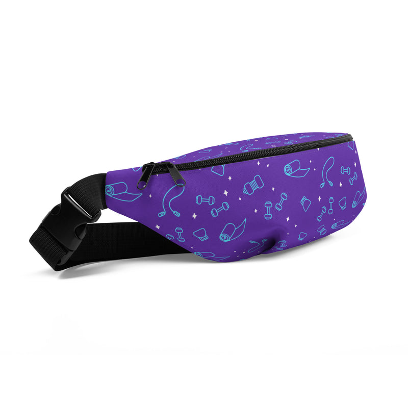 Angled view of purple fanny pack with a black zipper and buckle strap, featuring a pattern of blue outline icons of yoga mats, dumbbells, jump ropes, and water bottles with white sparkles.