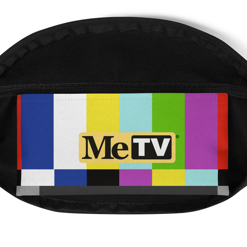 Interior view of fanny pack with a multicolored TV test pattern featuring the MeTV logo