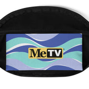 Interior view of multicolor fanny pack with wavy stripes of blue, with a yellow MeTV logo