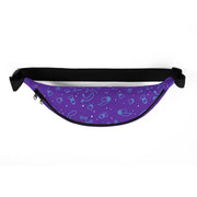 Purple fanny pack with a black zipper and strap featuring a repeating pattern of blue outlined fitness icons, including dumbbells, water bottles, yoga mats, and sneakers, with small white sparkles.