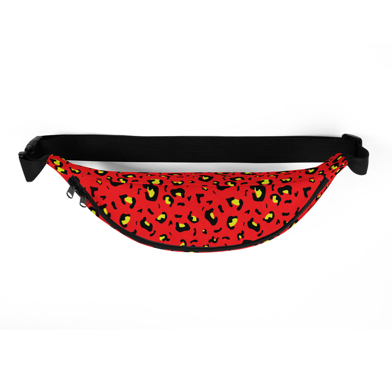 Red fanny pack with black and yellow cheetah print pattern and black zipper, shown front view with black adjustable strap.