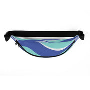 Top view of multicolor fanny pack with wavy stripes of blue, with a black zipper and black adjustable strap.