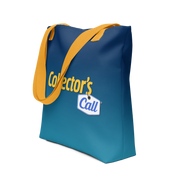 Angled view of a blue gradient tote bag with yellow handles featuring the Collector's Call logo with the text 'Collector's Call' in yellow and blue on a white price tag below it.
