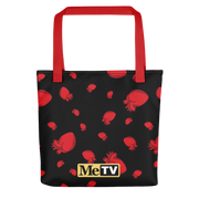 Black tote bag with red handles featuring an all-over pattern of red anatomical hearts and a small yellow MeTV logo near the bottom center.