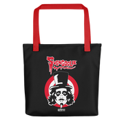 Black tote bag with red handles featuring the Svengoolie face logo in a red circle with the text 'Svengoolie' in red above it.