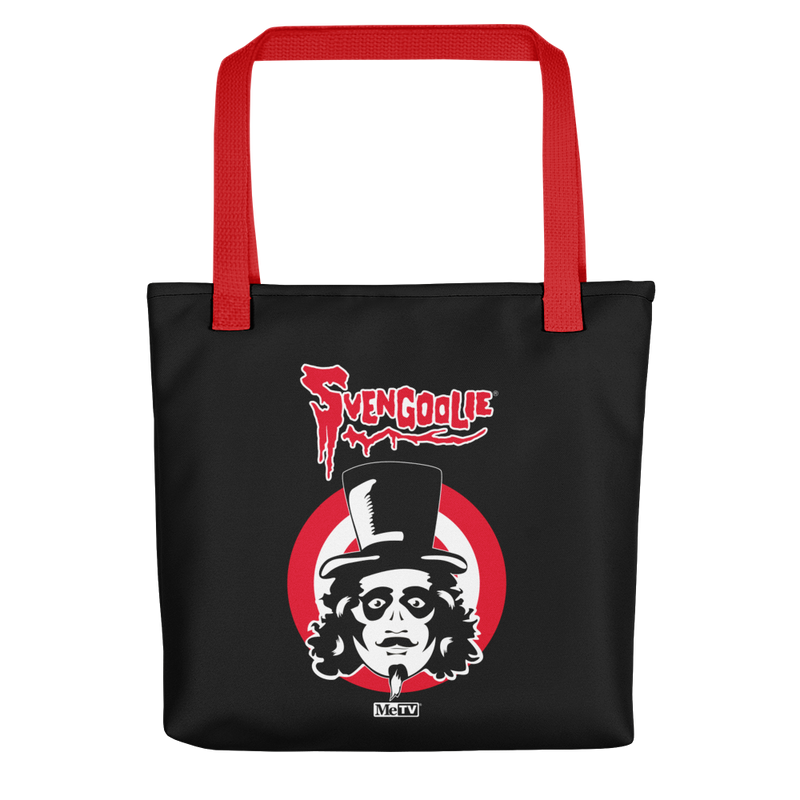 Black tote bag with red handles featuring the Svengoolie face logo in a red circle with the text 'Svengoolie' in red above it.
