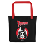 Black tote bag with red handles featuring the Svengoolie face in a top hat on a red circle with the text 'Svengoolie' in red above it.