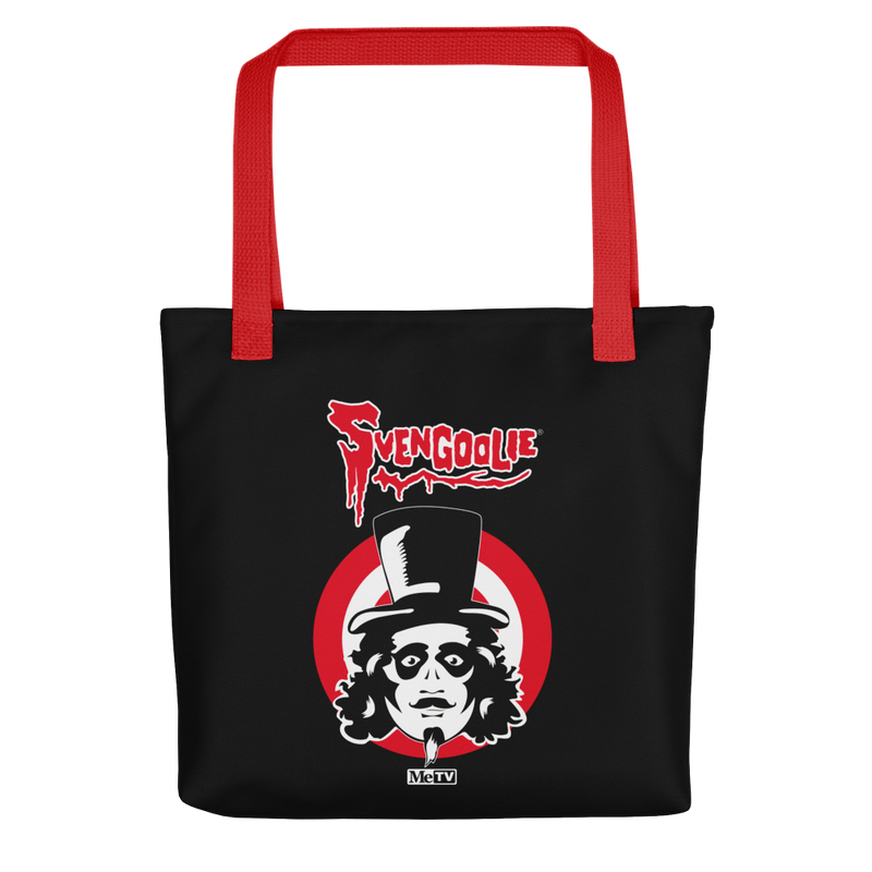 Black tote bag with red handles featuring the Svengoolie face in a top hat on a red circle with the text 'Svengoolie' in red above it.