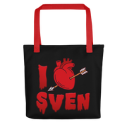Black tote bag with red handles featuring a red anatomical heart pierced by an arrow with the text 'I' and 'SVEN' in red dripping letters below, forming 'I Heart Sven'.