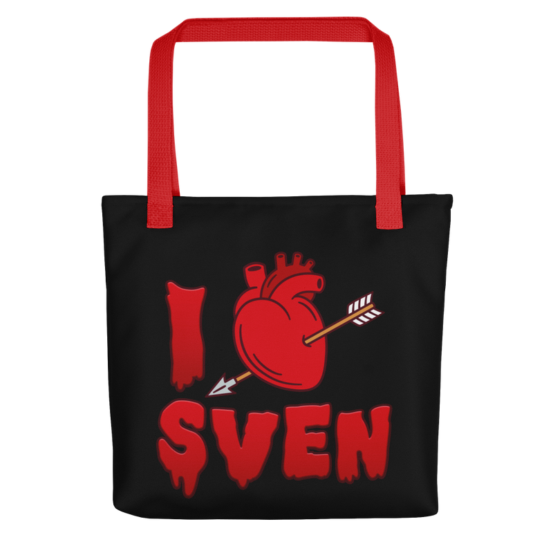 Black tote bag with red handles featuring a red anatomical heart pierced by an arrow with the text 'I' and 'SVEN' in red dripping letters below, forming 'I Heart Sven'.