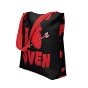 Angled view of black tote bag with red handles featuring a red heart pierced by an arrow with the text 'I' and 'SVEN' in red dripping letters below, forming 'I Heart Sven'.