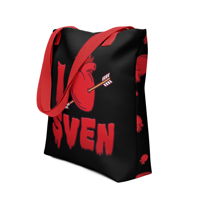 Angled view of black tote bag with red handles featuring a red heart pierced by an arrow with the text 'I' and 'SVEN' in red dripping letters below, forming 'I Heart Sven'.