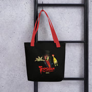 Black tote bag with red handles featuring Svengoolie in a top hat reaching forward with a yellow chicken, with the text 'Svengoolie' in red below and a MeTV logo.
