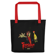 Black tote bag with red handles featuring Svengoolie in a top hat reaching forward with a yellow chicken, with the text 'Svengoolie' in red below and a MeTV logo.