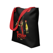 Angled view of black tote bag with red handles featuring Svengoolie in a top hat reaching forward with a yellow chicken, with the text 'Svengoolie' in red below and a MeTV logo.