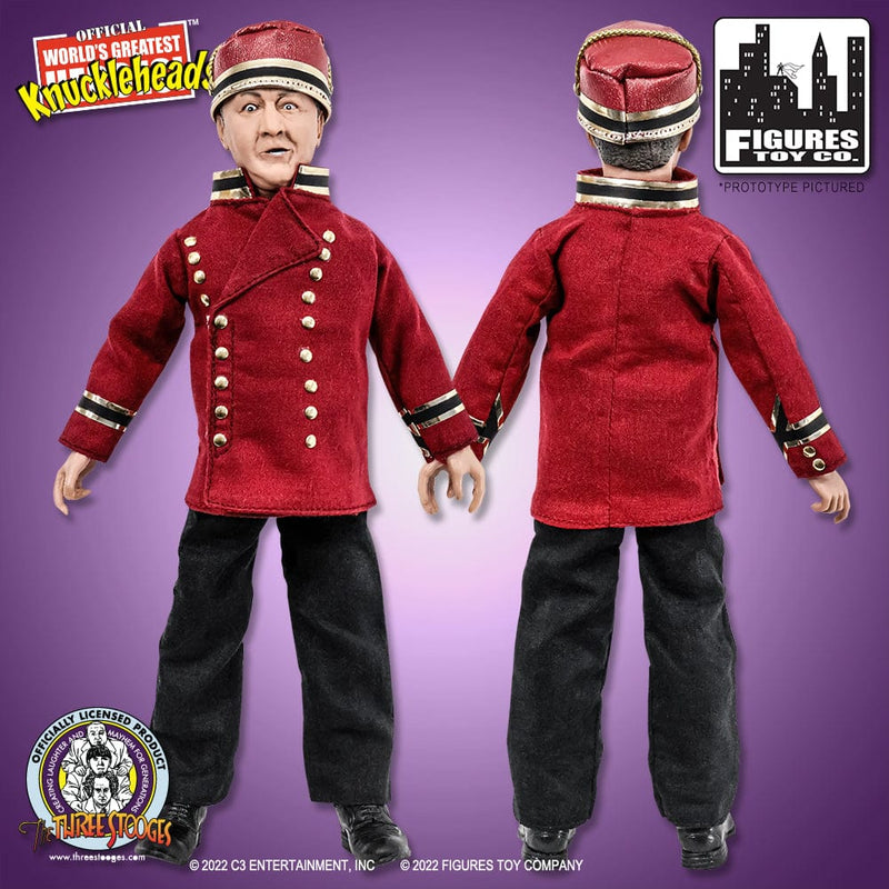 Front and back views of the Curly action figure showing the red bellhop jacket with gold trim, matching red pillbox cap, and black pants.