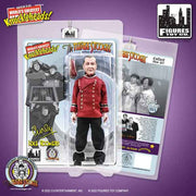 Packaged Curly action figure in a red bellhop jacket and black pants, with the text 'The Three Stooges' in red at the top of the card and 'Idle Roomers' below the figure.